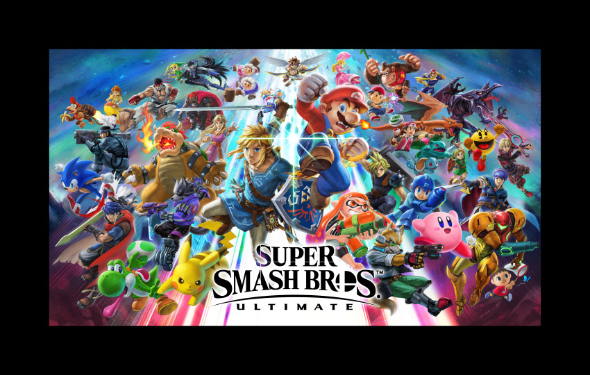 absurdres angel_wings bayonetta bayonetta_(character) blue_background bowser captain_falcon cloud_strife company_connection diddy_kong donkey_kong donkey_kong_(series) dougi egg everyone f-zero final_fantasy final_fantasy_vii fire_emblem fox_mccloud ganondorf gen_1_pokemon gun highres ice_climber ice_climbers ike inkling kid_icarus kirby kirby_(series) link logo looking_at_viewer mario mario_(series) marth metal_gear_(series) metal_gear_solid metroid monster multiple_persona nintendo official_art pac-man pac-man_(game) pikachu pit_(kid_icarus) pokemon pokemon_(creature) pokemon_trainer princess_daisy princess_peach princess_zelda red_(pokemon) ridley ryuu_(street_fighter) samus_aran shulk smash_ball solid_snake sonic sonic_the_hedgehog spiked_hair splatoon_(series) star_fox street_fighter super_mario_bros. super_smash_bros. super_smash_bros._ultimate sword the_legend_of_zelda the_legend_of_zelda:_breath_of_the_wild toon_link weapon wings wolf_o'donnell xenoblade_(series) xenoblade_1 yoshi young_link