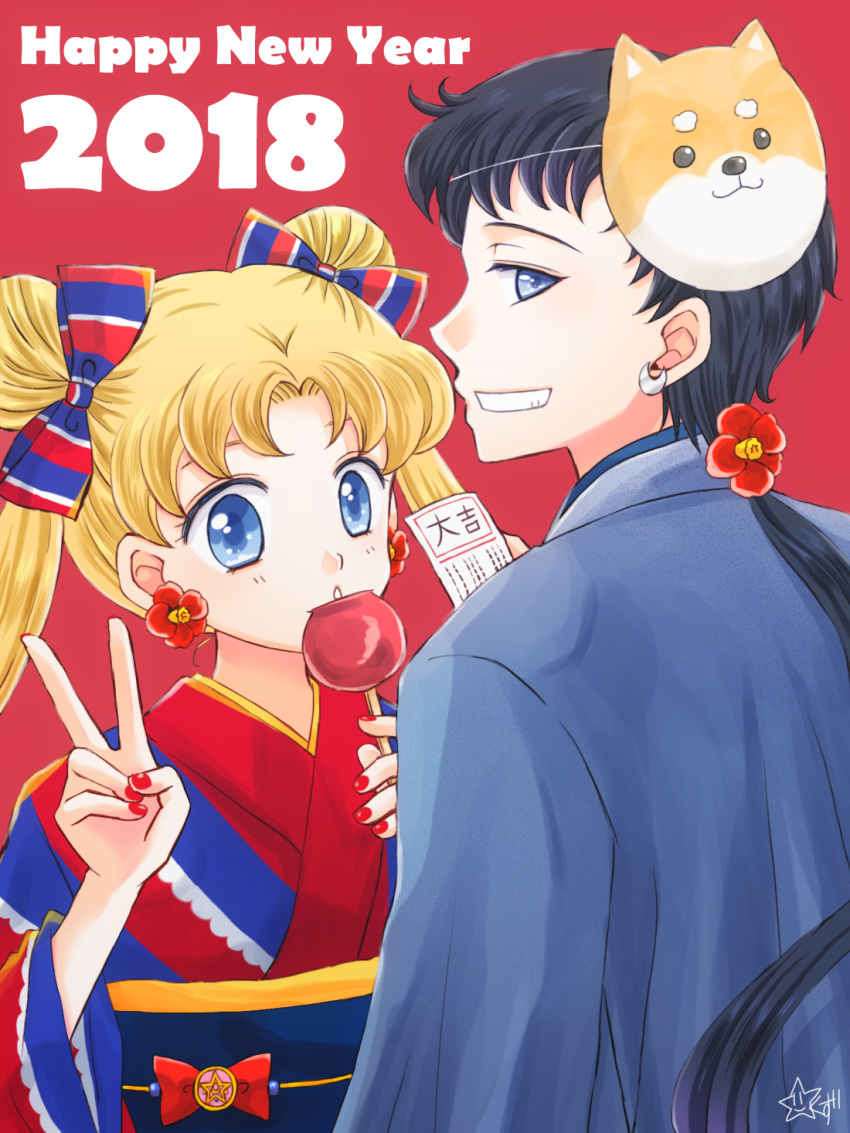 2018 androgynous bishoujo_senshi_sailor_moon black_hair blonde_hair blue_eyes bow camellia candy_apple dog_mask double_bun earrings flower flower_earrings food from_side grin hair_bow hair_flower hair_ornament happy_new_year highres hoshikuzu_(milkyway792) japanese_clothes jewelry kimono long_hair looking_at_viewer low_ponytail mask mask_on_head nail_polish new_year obi ofuda ponytail red_background red_nails sash seiya_kou sideways_glance signature simple_background smile striped striped_bow stud_earrings tsukino_usagi twintails v