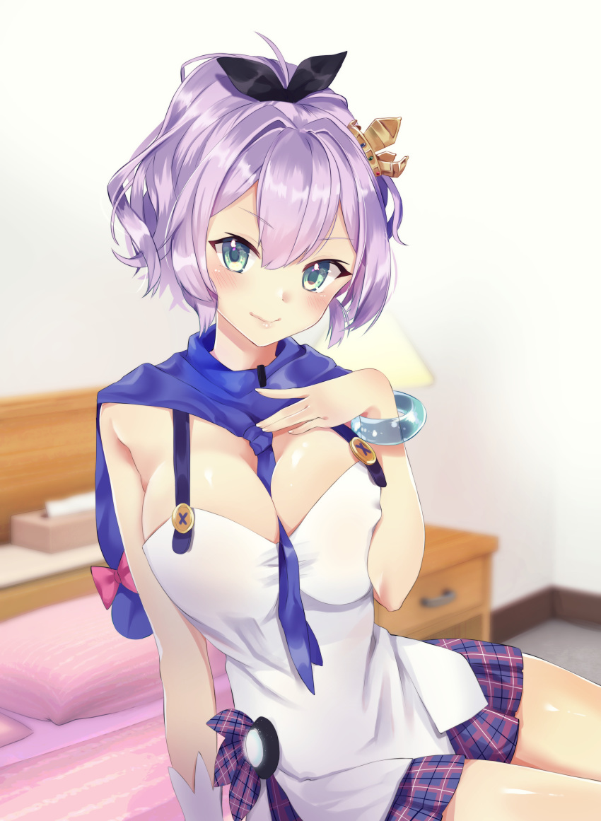 absurdres alternate_breast_size azur_lane between_breasts blue_eyes blurry blurry_background blush bracelet breasts commentary_request crown eyebrows_visible_through_hair hair_ribbon hand_on_own_chest highres indoors javelin_(azur_lane) jewelry looking_at_viewer mini_crown nekomiya_noru_(yuduki710) older on_bed purple_hair ribbon sitting smile solo