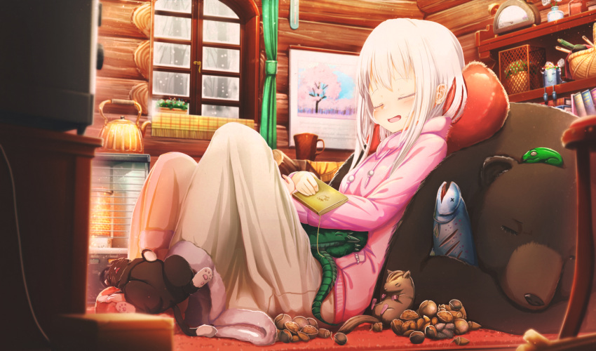 1girl :d abo_(kawatasyunnnosukesabu) animal animal_on_lap bangs basket bear black_cat blanket blush book cat chipmunk commentary_request cup dragon drawstring eyes_closed fish frog heater highres holding holding_book hood hood_down indoors knees_up log_cabin long_hair long_sleeves mug nut_(food) open_mouth original painting_(object) pillow pink_hoodie plant potted_plant shelf sitting sleeping smile snowing solo squirrel teapot vase white_hair window winter
