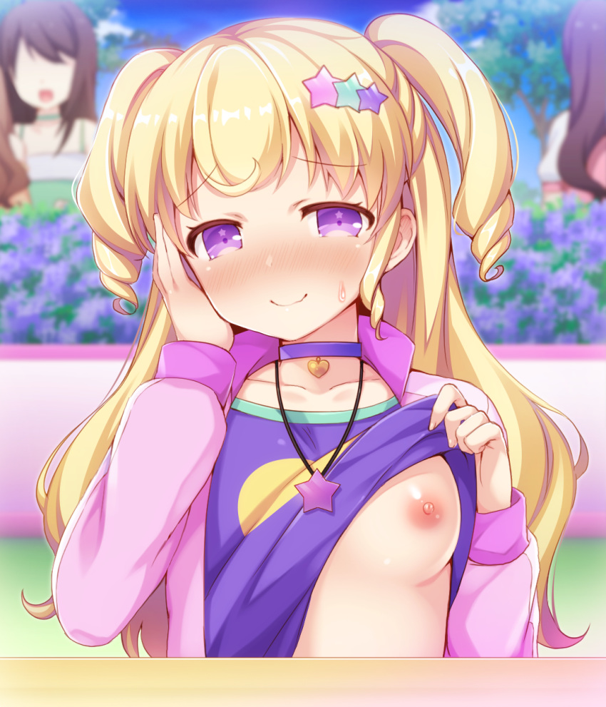 blonde_hair blush breasts choker closed_mouth eyebrows_visible_through_hair hair_ornament heart highres idol_time_pripara jewelry lifted_by_self long_hair long_sleeves looking_at_viewer medium_breasts nipples one_breast_out oppai_challenge pendant pretty_(series) pripara purple_choker purple_eyes small_breasts smile solo_focus speech_bubble star star-shaped_pupils star_hair_ornament symbol-shaped_pupils tiger_rmn two_side_up upper_body yumekawa_yui