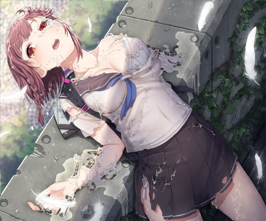 amputee android android_girl_(itou) backpack bag blurry blush bra braid breasts cleavage collarbone commentary covered_navel cowboy_shot crying crying_with_eyes_open damaged depth_of_field feathers highres itou_(onsoku_tassha) lace lace-trimmed_bra lying medium_breasts notebook on_back open_mouth original outdoors panties parts_exposed pleated_skirt purple_hair school_uniform serafuku shirt short_hair side-tie_panties side_braid skirt solo streaming_tears suggestive_fluid tears torn_clothes torn_shirt torn_skirt underwear white_bra