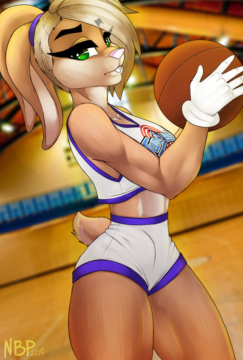 2018 absurd_res anthro ball basketball basketball_(ball) basketball_court blonde_hair buckteeth clothed clothing crop_top digital_media_(artwork) female gloves hair hi_res holding_ball lagomorph lola_bunny looking_at_viewer looney_tunes mammal midriff navel nightmarebearpuff ponytail rabbit shirt shorts signature solo space_jam sport teeth thick_thighs warner_brothers