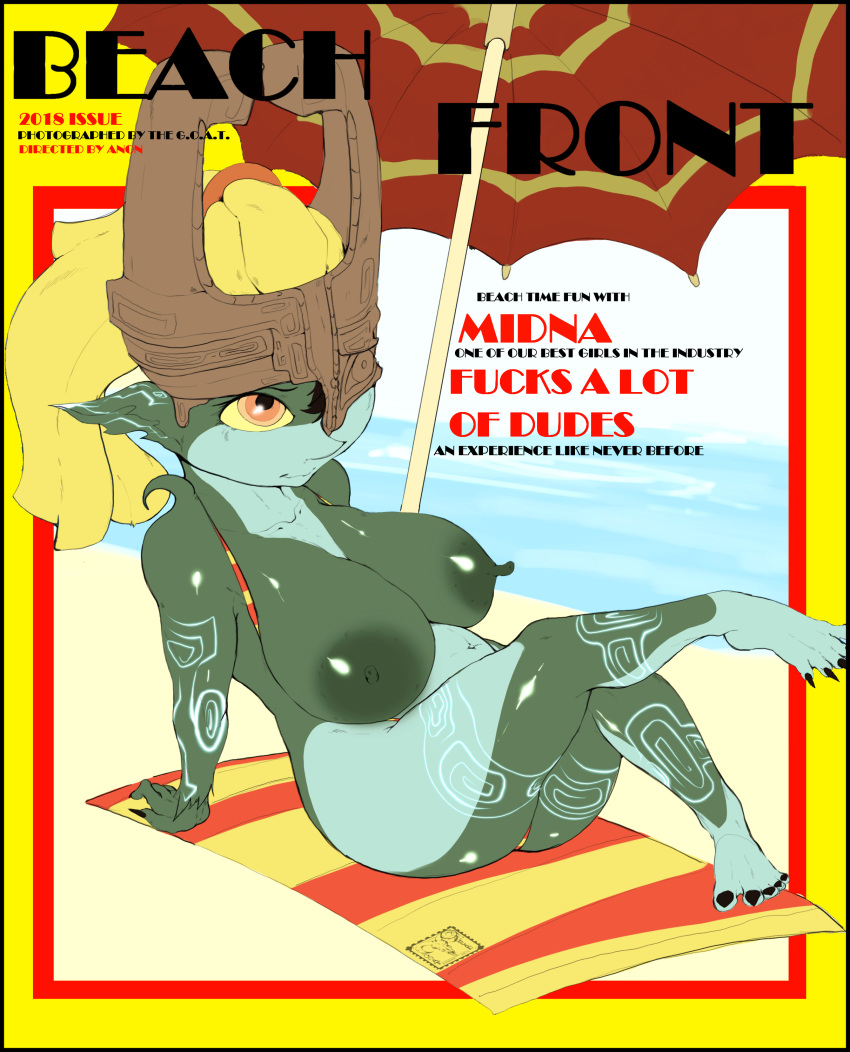 2018 absurd_res areola beach beach_umbrella big_breasts bikini breasts clothed clothing cover english_text erect_nipples female goat-head_(artist) hi_res humanoid imp magazine_cover midna navel nintendo nipples not_furry on_towel outside seaside short_stack sitting skimpy sling_bikini smile solo swimsuit text the_legend_of_zelda towel twili twilight_princess video_games