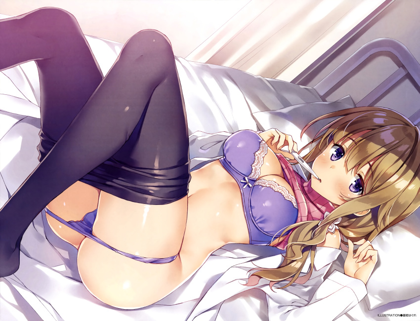 bed blonde_hair bra breasts cleavage dengeki_moeoh long_hair panty_pull purple_eyes scan thighhighs underwear yuuki_hagure