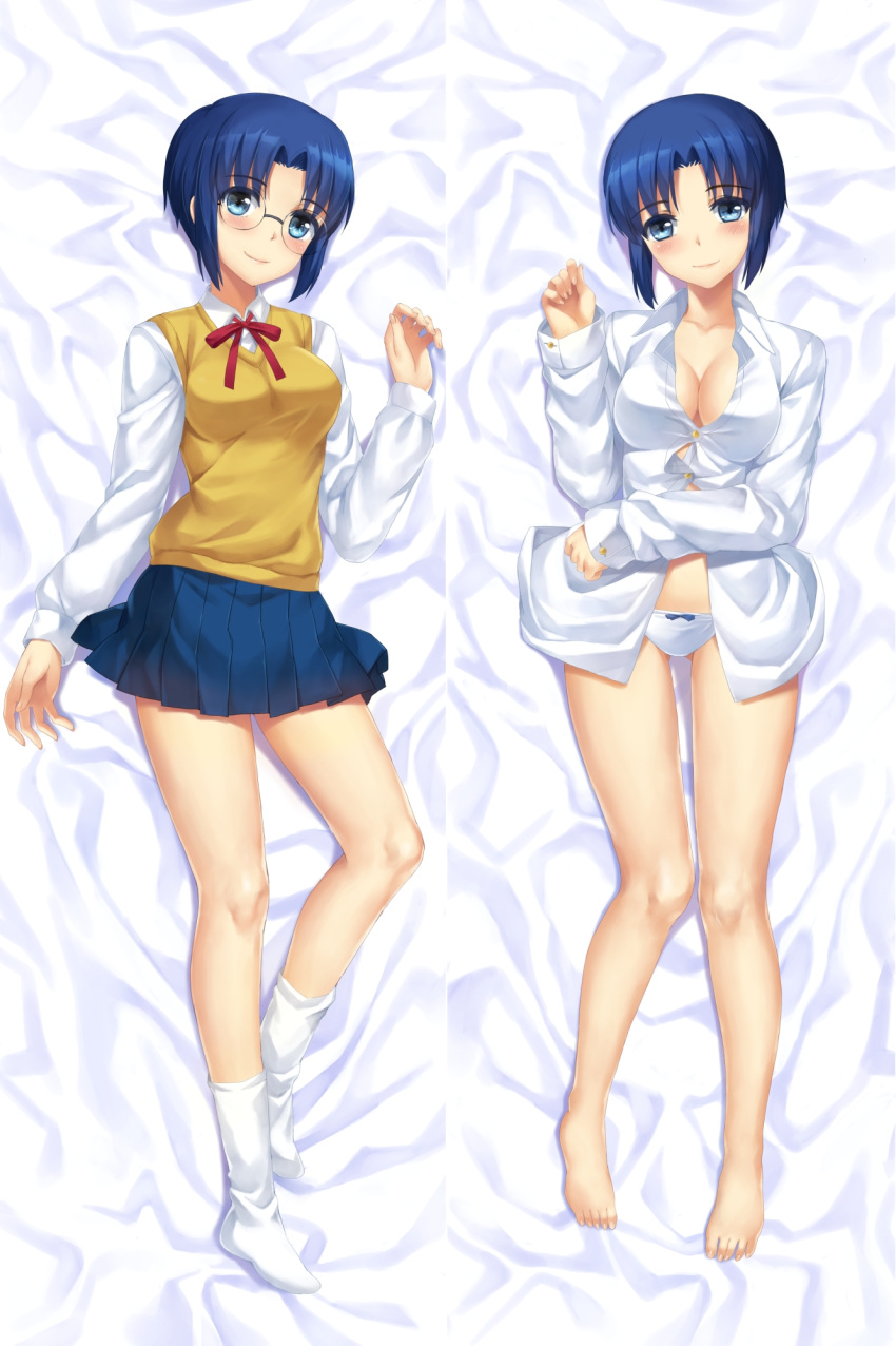 barefoot blue_eyes blue_hair blue_skirt blush bow bow_panties breasts ciel closed_mouth commentary_request dakimakura glasses highres large_breasts looking_at_viewer lying multiple_views neck_ribbon on_back panties pleated_skirt red_neckwear red_ribbon ribbon shirt short_hair skirt smile socks standing tonee tsukihime underwear vest white_legwear white_panties white_shirt yellow_vest