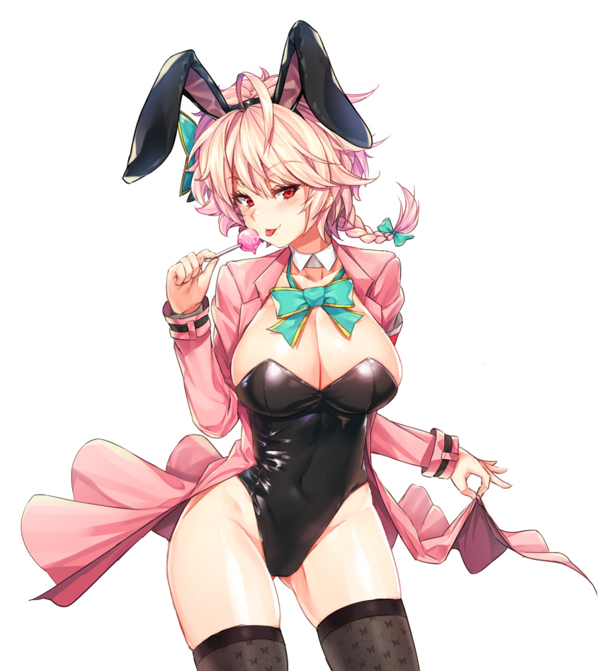 :p animal_ears black_legwear black_leotard blush bow bowtie braid breasts bunny_ears bunnysuit candy cleavage detached_collar fake_animal_ears food hair_ornament hair_ribbon highres jacket jacket_lift large_breasts leotard lollipop looking_at_viewer moing nabi_(soccer_spirits) pink_hair pink_jacket red_eyes ribbon short_braid short_hair simple_background single_braid smile soccer_spirits solo strapless strapless_leotard thighhighs tongue tongue_out white_background