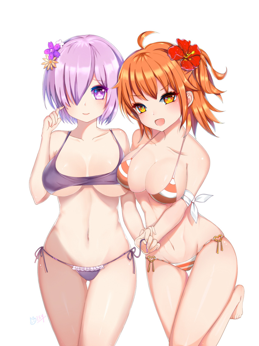 :d ahoge armband artist_name bad_proportions bangs bare_arms bare_legs bare_shoulders barefoot blush breasts breasts_apart cleavage collarbone cowboy_shot eyebrows_visible_through_hair eyelashes fate/grand_order fate_(series) feet finger_to_cheek flower fujimaru_ritsuka_(female) groin hair_flower hair_ornament hair_over_one_eye hand_to_head heart hibiscus highres holding_strap isy large_breasts leg_up legs_together looking_at_viewer mash_kyrielight medium_breasts midriff multiple_girls nail_polish navel open_mouth orange_eyes orange_flower orange_hair orange_nails purple_eyes purple_flower purple_hair red_flower short_hair side_ponytail smile standing standing_on_one_leg stomach thigh_gap thighs toenail_polish toenails toes