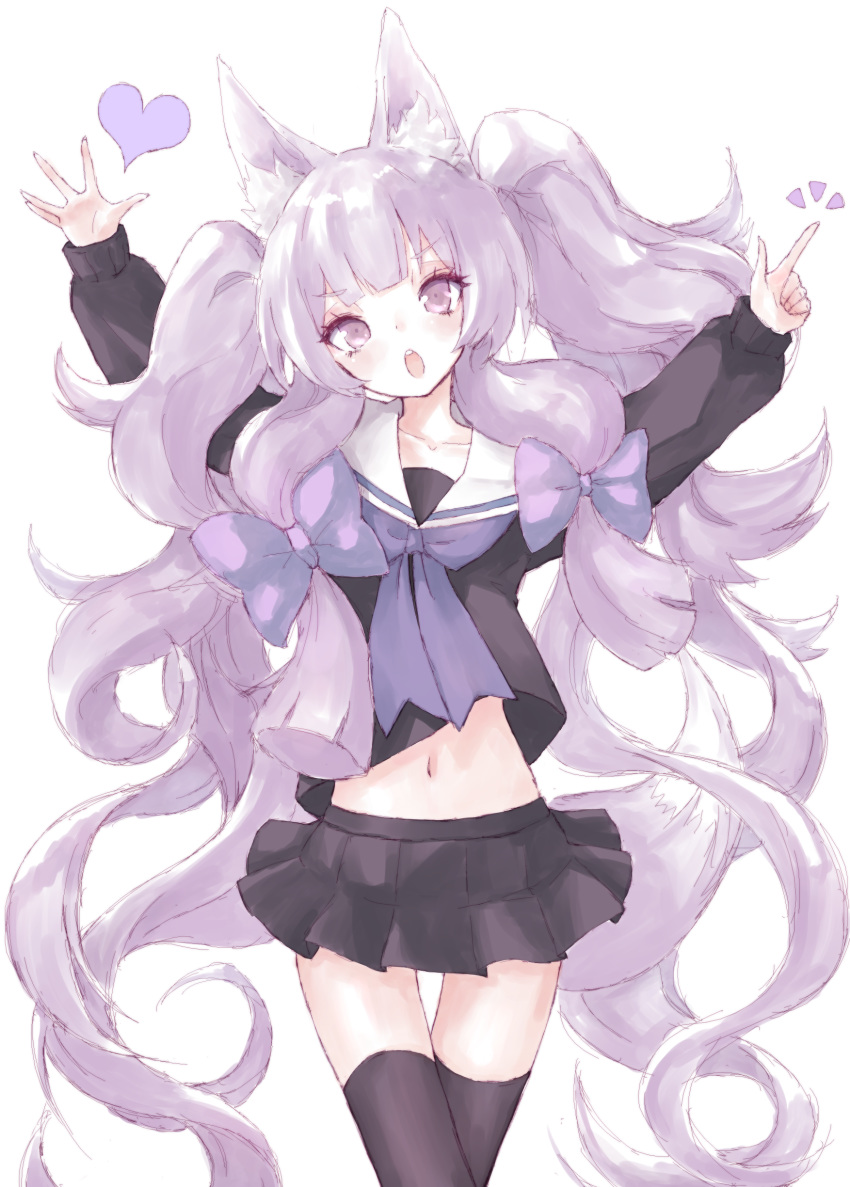 absurdres animal_ears black_serafuku buran_(kure) fox_ears fox_tail heart highres long_hair looking_at_viewer navel open_mouth original pleated_skirt school_uniform serafuku silver_eyes silver_hair skirt solo standing tail thigh_gap thighhighs thighs white_background