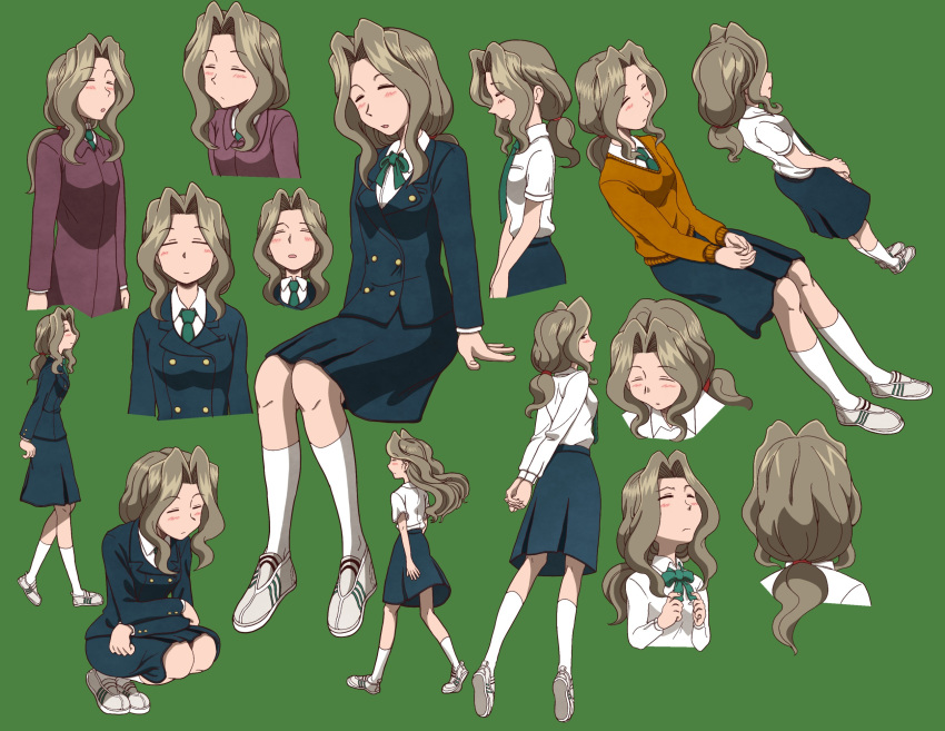 blush closed_eyes collage full_body hair_down highres kneehighs long_hair necktie ponytail sasaki_juju school_uniform sketchbook_full_colors skirt solo sweater tanuki_(die_abendwolke) wavy_hair white_legwear