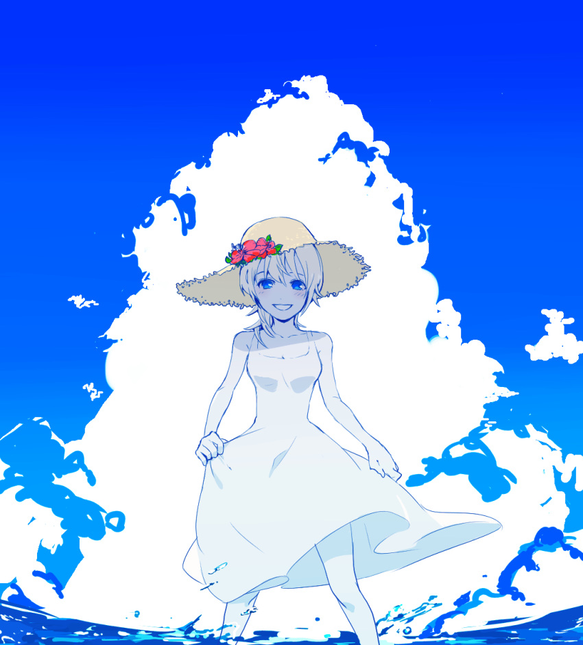 bangs bare_arms bare_shoulders blonde_hair blue_eyes blue_sky breasts cleavage cloud collarbone day dress feet_out_of_frame flower hair_between_eyes hat hat_flower hibiscus highres kingdom_hearts kingdom_hearts_ii leaf legs_apart lifted_by_self looking_at_viewer medium_hair namine outdoors ramochi_(auti) red_flower skirt_hold sky smile solo standing straw_hat wading white_dress yellow_hat