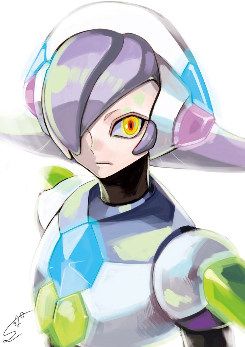 android capcom dated hair_over_one_eye headgear highres lavender_hair looking_at_viewer lumine male_focus power_armor rockman rockman_x rockman_x8 short_eyebrows signature simple_background solo sumomo upper_body white_background yellow_eyes