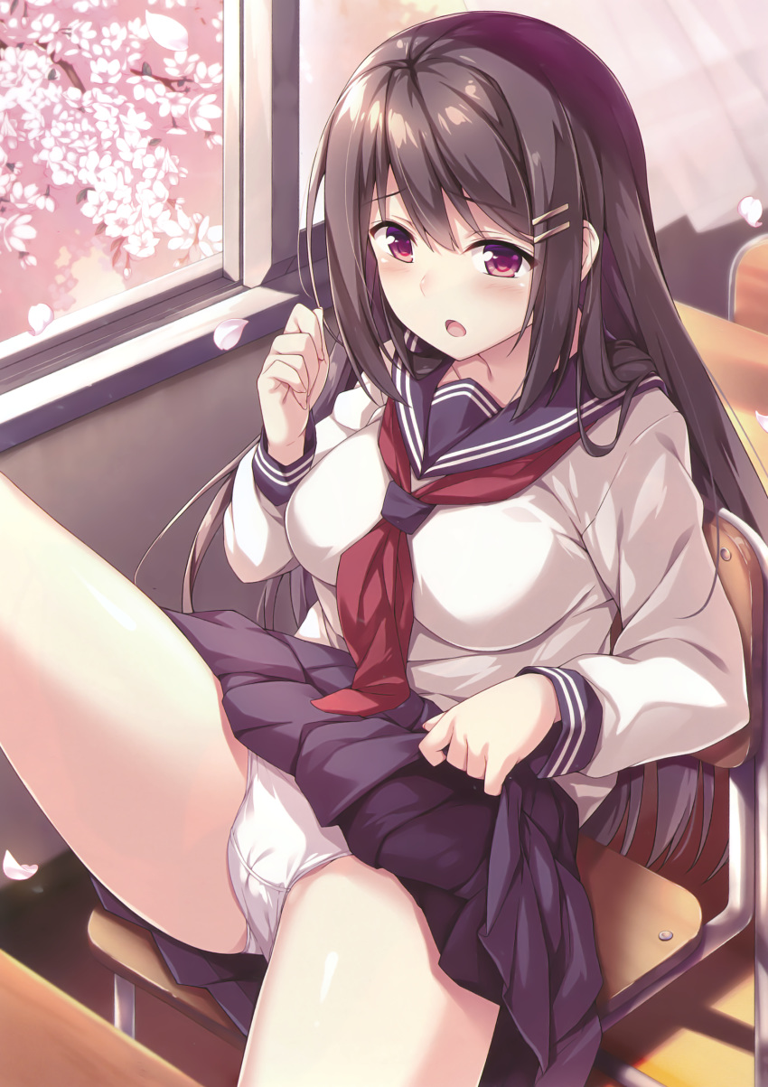 :o absurdres akizora_momiji bangs blue_skirt blush breasts brown_hair cameltoe chair cherry_blossoms classroom collarbone curtains day desk eyebrows_visible_through_hair fingernails flashing hair_ornament hair_tie hand_up highres indoors large_breasts legs legs_apart lifted_by_self long_fingernails long_hair long_sleeves looking_at_viewer medium_breasts neckerchief on_desk open_mouth original panties petals pleated_skirt red_eyes red_neckwear sailor_collar scan school_desk school_uniform serafuku shirt sidelocks sitting sitting_on_desk skirt skirt_lift solo toranoana underwear white_panties white_shirt window
