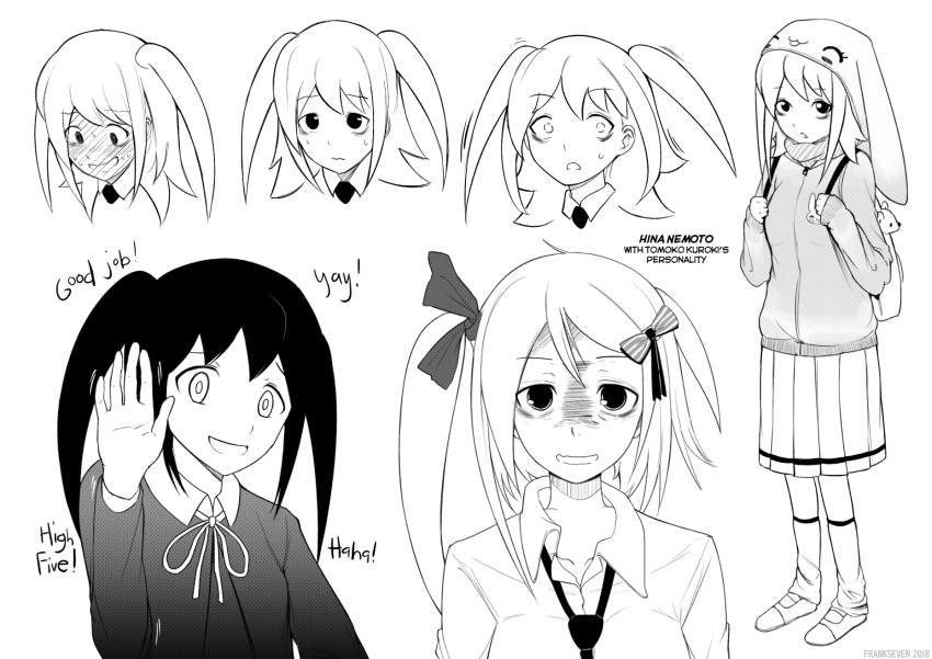 bags_under_eyes blush bow commentary english english_commentary frankseven full-face_blush greyscale hair_bow highres kuroki_tomoko long_hair monochrome multiple_views nemoto_hina open_mouth personality_switch pleated_skirt skirt sweat two_side_up watashi_ga_motenai_no_wa_dou_kangaetemo_omaera_ga_warui! white_background