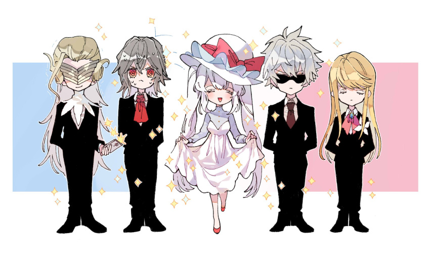 1other 3boys :&lt; @_@ alternate_costume antonio_salieri_(fate/grand_order) arms_behind_back ayatsuku82 blonde_hair cellphone charles_henri_sanson_(fate/grand_order) chevalier_d'eon_(fate/grand_order) closed_eyes commentary facing_viewer fate/grand_order fate_(series) formal grey_hair hat highres holding holding_cellphone holding_phone long_hair long_sleeves marie_antoinette_(fate/grand_order) mask multiple_boys necktie open_mouth phone red_eyes short_hair silver_hair smile sparkle standing suit sunglasses sweat taking_picture very_long_hair white_hat wolfgang_amadeus_mozart_(fate/grand_order)