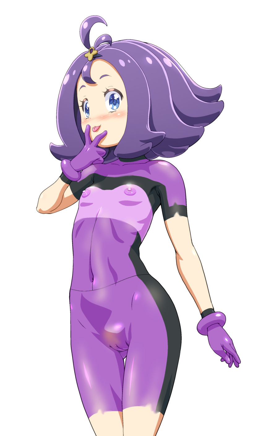 :p acerola_(pokemon) ahoge blue_eyes blush bodypaint cleft_of_venus curly_hair flat_chest flipped_hair gloves hair_ornament highres kousaka_jun long_hair looking_at_viewer looking_to_the_side navel nipples nose_blush nude painted_clothes pokemon pokemon_(anime) pokemon_sm_(anime) purple_eyes purple_hair pussy simple_background solo tongue tongue_out ultra_guardians_uniform uncensored white_background