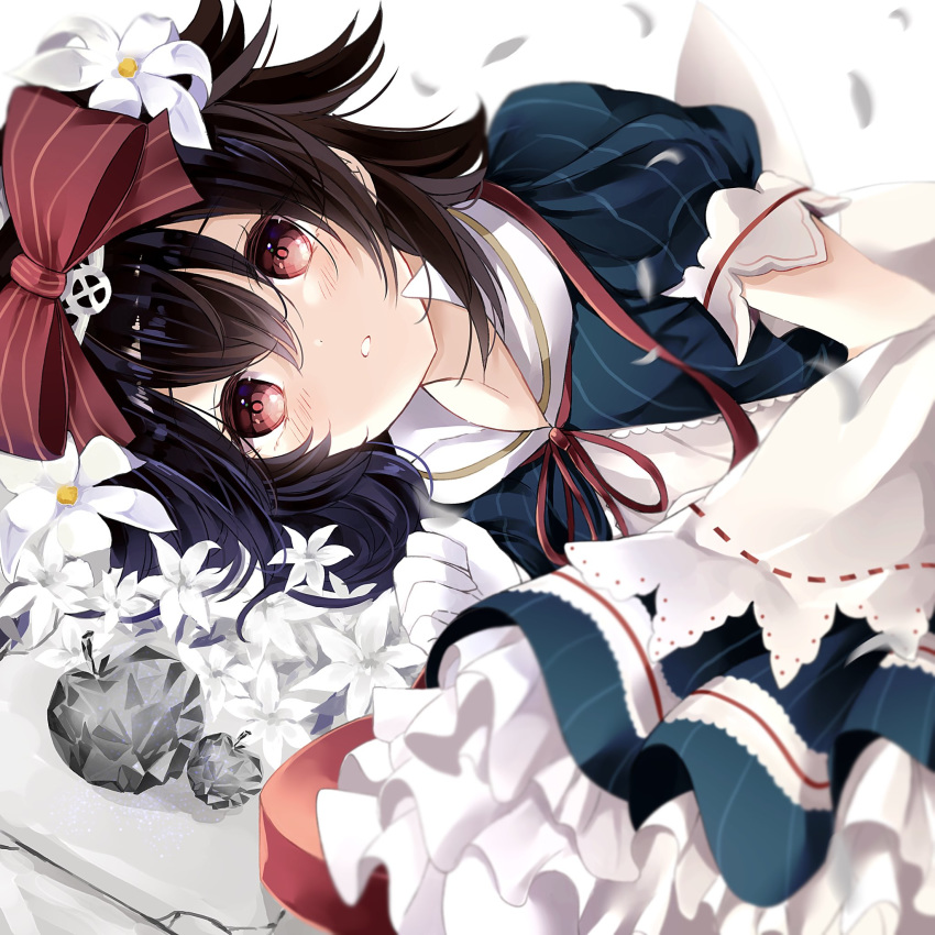 black_hair blue_dress blush bow collared_dress commentary_request dress eyelashes flower flower_request gloves grimms_notes hair_between_eyes hair_bow hair_flower hair_ornament highres juliet_sleeves kuro_namako long_sleeves looking_at_viewer lying parted_lips petals puffy_short_sleeves puffy_sleeves red_bow red_eyes red_ribbon ribbon short_hair short_sleeves snow_white_(grimms_notes) solo white_flower white_frills white_gloves