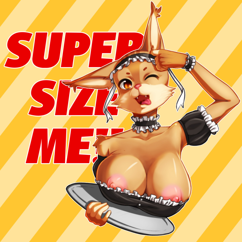 2017 akazulla amber_eyes anthro areola armband big_breasts breasts cat choker cleavage clothed clothing ear_tuft english_text exposed_breasts eyebrows feline female headdress maid_uniform mammal nipples one_eye_closed pink_nose platter sharp_teeth smile solo teeth text tongue tongue_out tuft two_tone_background uniform wink