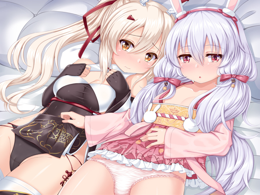 2girls :o animal_ears ayanami_(azur_lane) azur_lane bangs bare_shoulders bed_sheet black_panties blush bow breasts brown_dress brown_eyes brown_gloves bunny_ears cameltoe china_dress chinese_clothes cleavage closed_mouth commentary_request dress dress_lift elbow_gloves eyebrows_visible_through_hair fingerless_gloves frilled_skirt frills gloves groin hair_between_eyes hair_bow hair_ornament hair_ribbon hairband hairclip laffey_(azur_lane) lifted_by_another light_brown_hair long_hair lying medium_breasts multiple_girls nose_blush obi on_back panties parted_lips pillow pink_panties pink_skirt red_bow red_eyes red_hairband red_ribbon ribbon sash silver_hair skirt sleeveless sleeveless_dress small_breasts thighhighs twintails u2_(5798239) underwear very_long_hair white_legwear