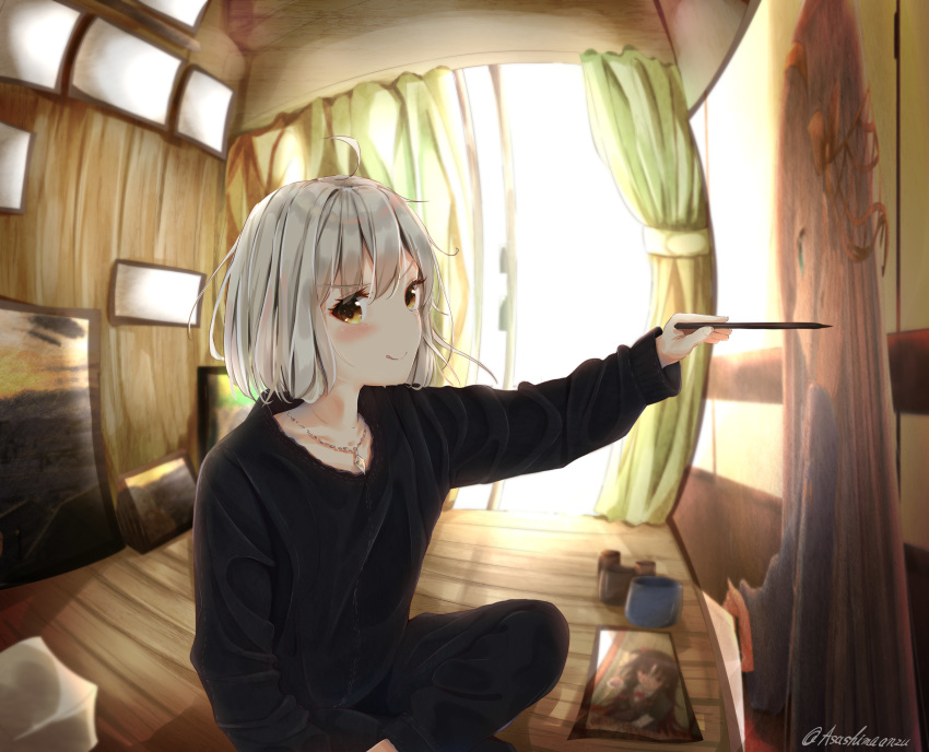 :q absurdres ahoge alternate_hair_length alternate_hairstyle anastasia_(fate/grand_order) annotated artist_self-reference backlighting bad_id bad_pixiv_id bangs black_pants black_sweater blush bob_cut commentary curtains eyebrows_visible_through_hair fate/grand_order fate_(series) fisheye gem highres holding indoors jeanne_d'arc_(alter)_(fate) jeanne_d'arc_(fate)_(all) jewelry long_sleeves looking_at_viewer necklace on_floor original outstretched_arm paintbrush painting painting_(object) pants room ryuuou_no_oshigoto! sashima short_hair sitting smile solo sunlight sweater tongue tongue_out twitter_username v-shaped_eyebrows white_hair window wooden_floor yashajin_ai yellow_eyes younger