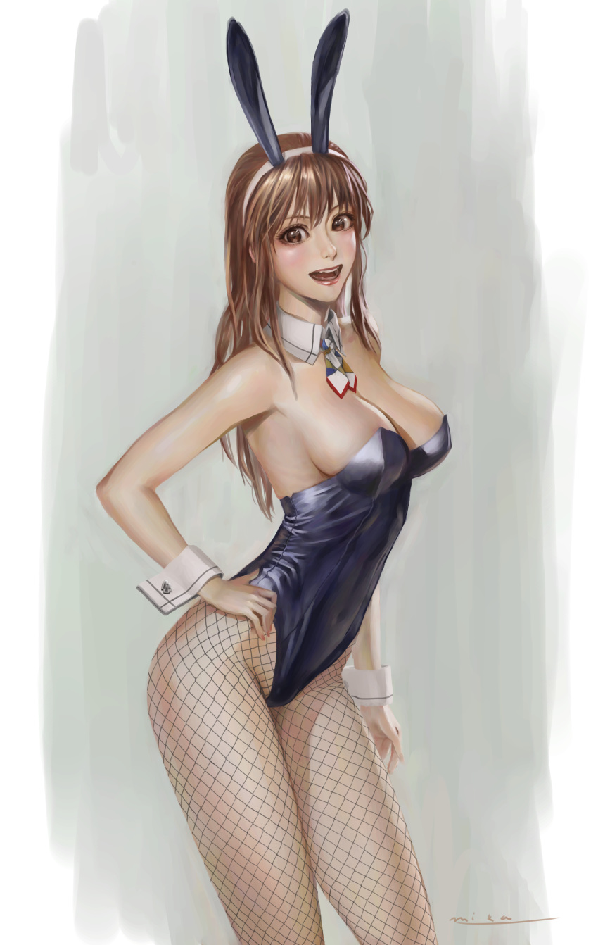 absurdres animal_ears ashigara_(kantai_collection) breasts brown_eyes brown_hair bunny_ears bunny_girl bunnysuit cleavage highres kantai_collection looking_at_viewer murasaki-sin smile solo thighs traditional_media watercolor_(medium) wrist_cuffs