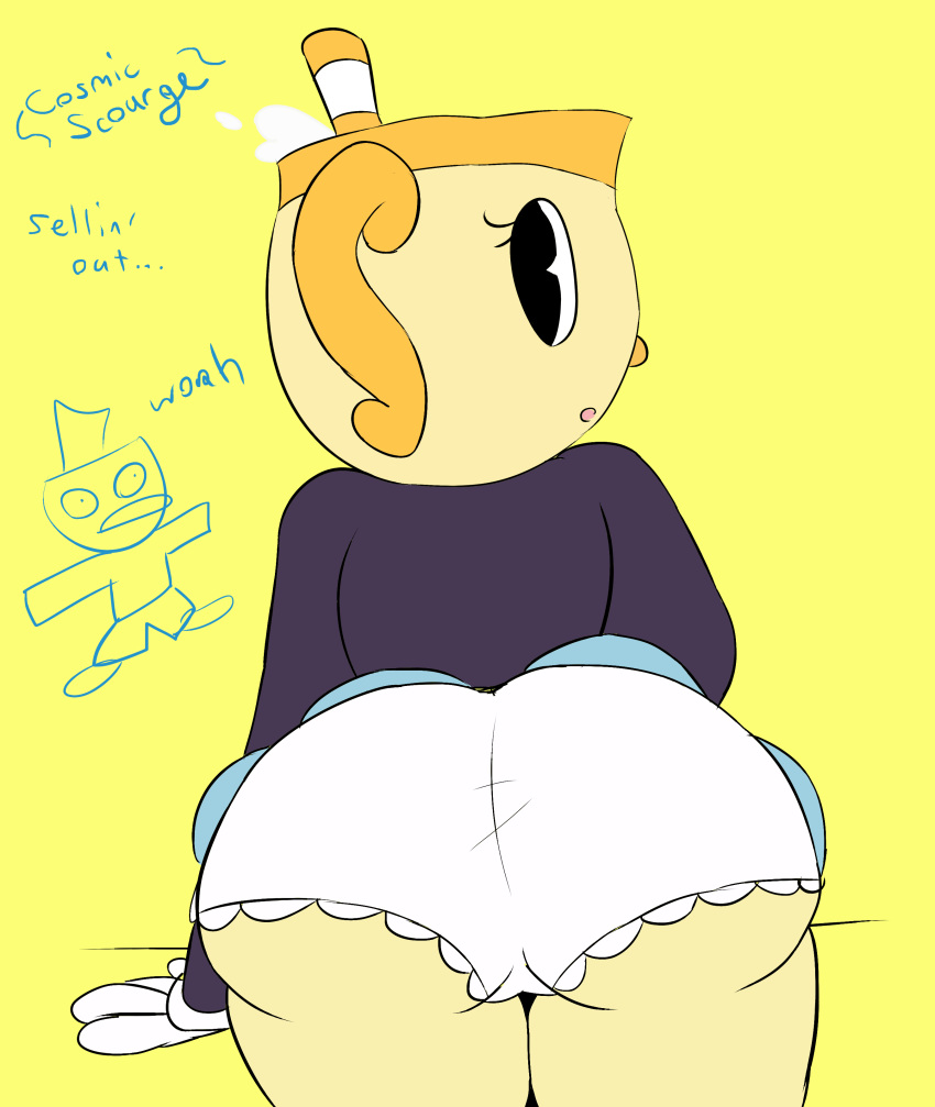 2018 big_butt bloomers butt clothed clothing cosmicscourge cuphead_(game) female humanoid looking_at_viewer ms._chalice not_furry object_head panties presenting rear_view simple_background underwear voluptuous