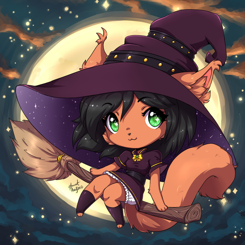 2017 :3 annetpeas anthro black_hair broom brown_fur chibi clothed clothing female fur green_eyes hair halloween holidays looking_at_viewer magic_user mammal moon night rodent sciurid sky smile star witch