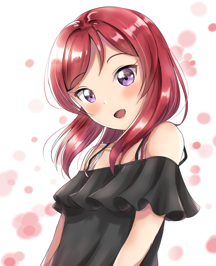 10s 1girl :d bangs bare_shoulders black_shirt blush bra_strap collarbone commentary_request eyebrows_visible_through_hair head_tilt highres long_hair looking_at_viewer love_live! love_live!_school_idol_project nishikino_maki off-shoulder_shirt off_shoulder open_mouth purple_eyes red_hair shirt sin_(sin52y) smile solo upper_body