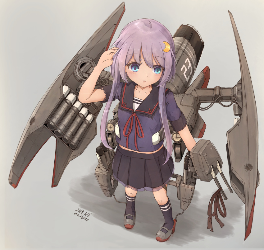 black_legwear black_serafuku black_skirt blue_eyes collarbone crescent crescent_hair_ornament dated depth_charge depth_charge_projector eyebrows_visible_through_hair from_above full_body grey_footwear hair_ornament hand_in_hair highres kantai_collection looking_to_the_side machinery midriff munehiro_(21plus) pleated_skirt purple_hair rigging school_uniform searchlight serafuku short_hair short_hair_with_long_locks skirt smokestack solo torpedo torpedo_tubes turret twitter_username yayoi_(kantai_collection)