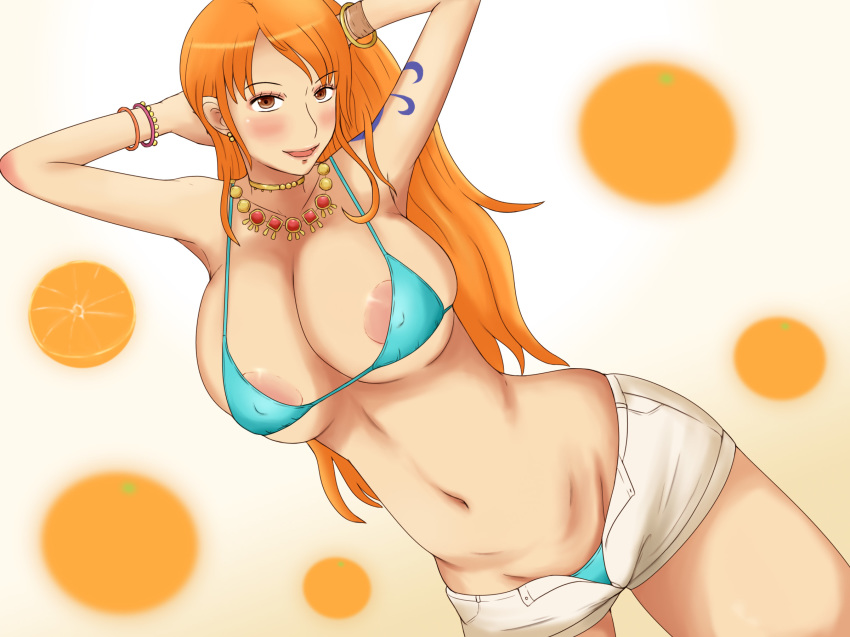 1girl ass bare_shoulders blush breasts brown_eyes butt_crack cleavage earrings erect_nipples from_behind huge_breasts jewelry large_breasts long_hair looking_at_viewer looking_back momo_765 nami_(one_piece) one_piece open_mouth orange_hair panties sideboob smile solo standing tattoo underwear water wet wide_hips