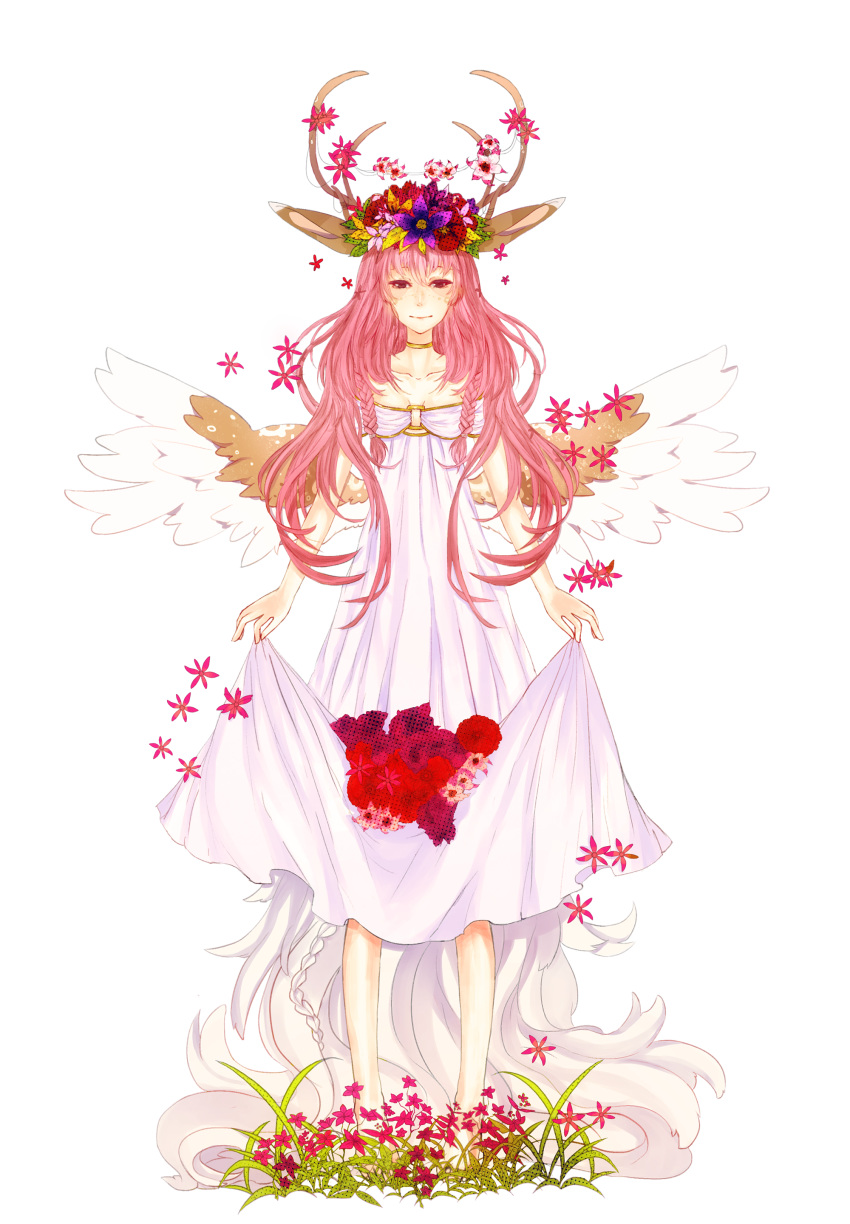 absurdres animal_ears barefoot choker closed_mouth commission deer_ears dress flower full_body grass head_wreath high_heels highres long_hair looking_at_viewer original osiimi pink_flower pink_hair purple_flower red_eyes red_flower simple_background skirt_hold smile solo standing white_background white_dress wings yellow_choker