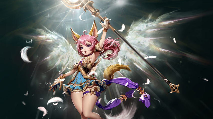 animal_ears arm_up armpits artist_request blue_dress darkness detached_sleeves dog_ears dog_tail dress elin_(tera) energy_wings feathers garters gloves highres holding legs light long_hair magic official_art open_mouth pink_hair purple_eyes short_dress solo staff tail tera_online thighs wallpaper weapon white_gloves wings