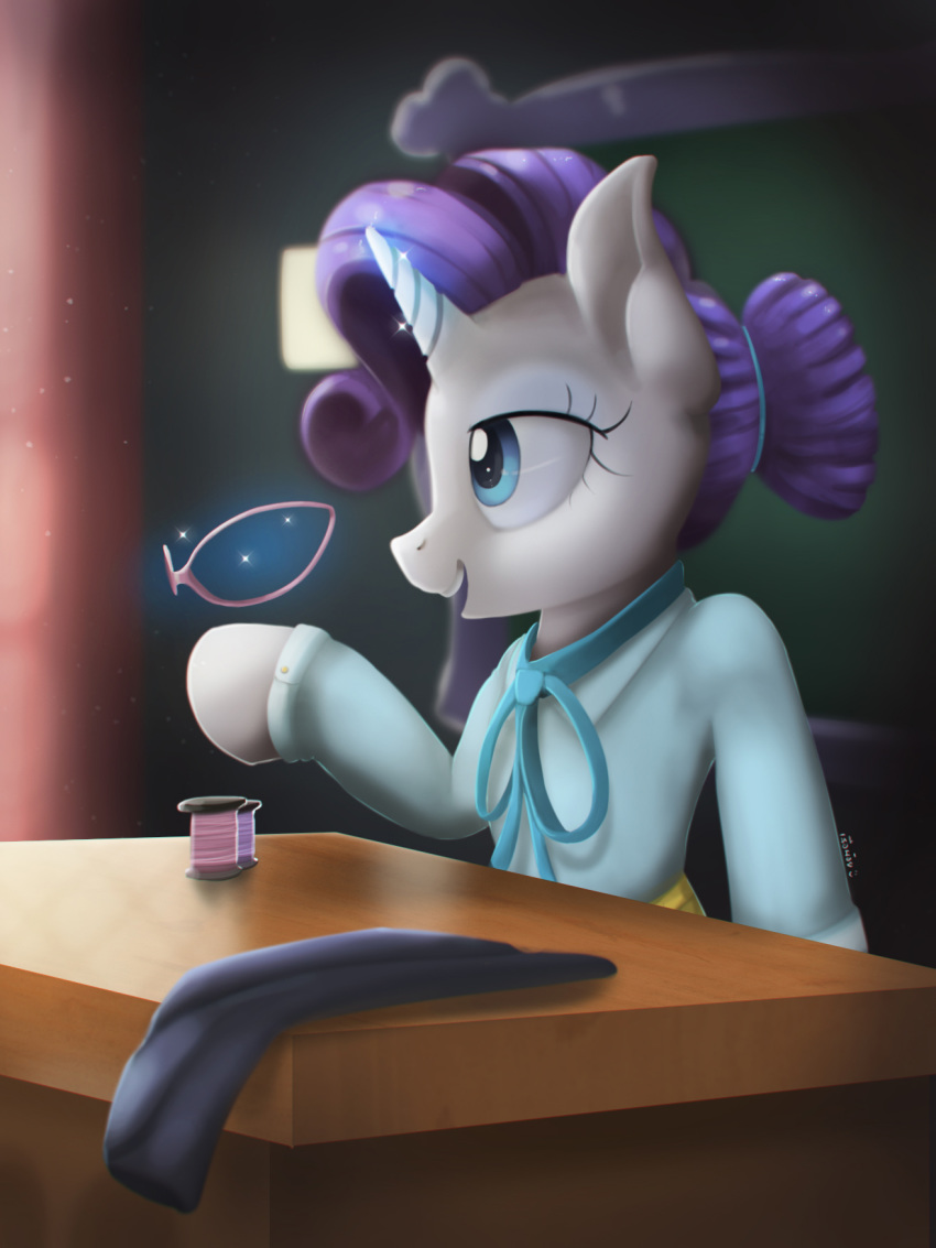 2018 alternate_hairstyle blackligerth blue_eyes bow chalkboard classroom cloth clothed clothing desk equine eyelashes eyewear female feral friendship_is_magic glasses glowing_horn hair hair_bun hair_tie hooves horn inside levitation magic mammal my_little_pony open_mouth open_smile portrait purple_hair rarity_(mlp) school shirt sitting smile solo sparkles spool teacher teeth thread unicorn