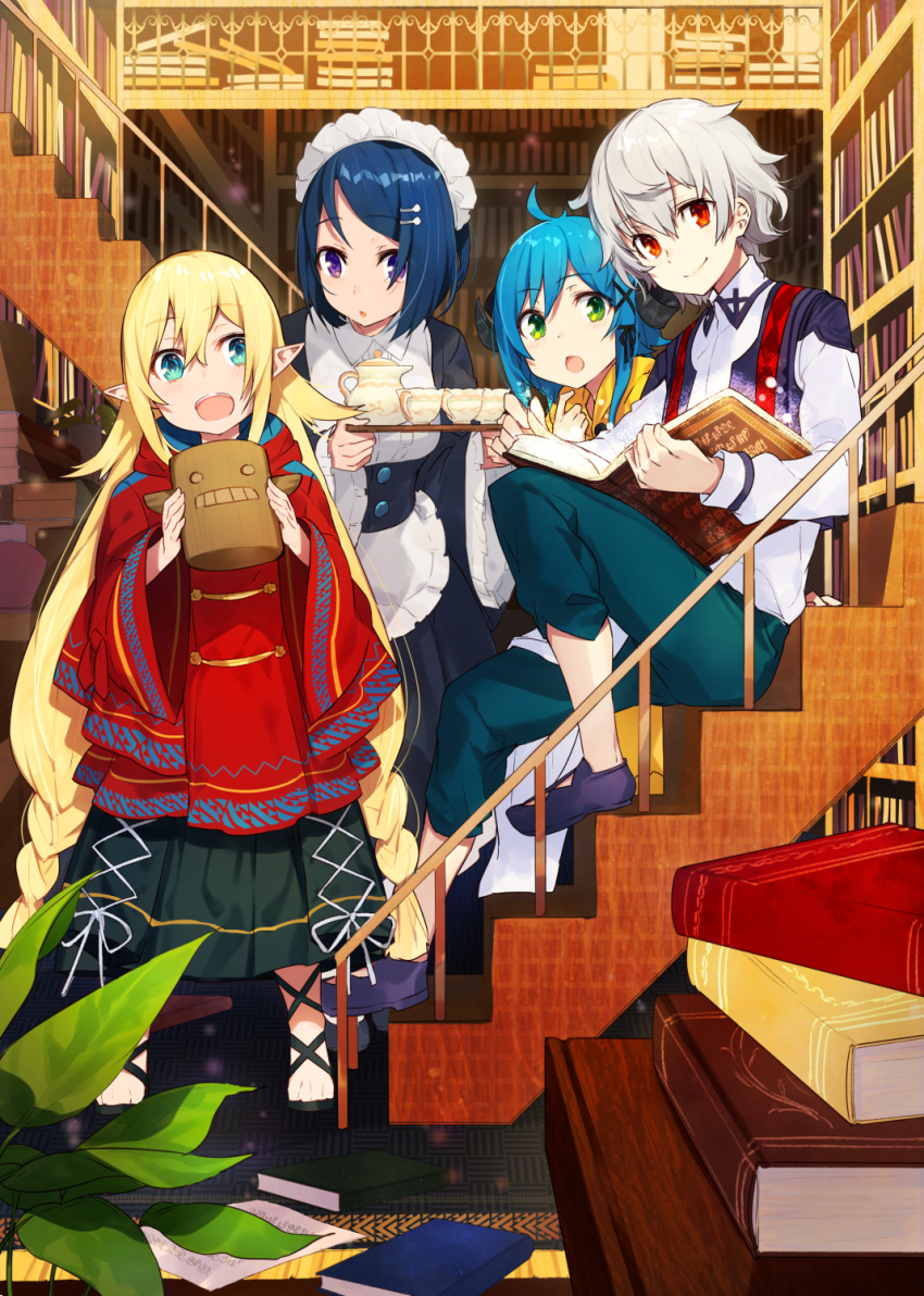 3girls :o abel_berek ahoge aqua_eyes blonde_hair blue_hair book bookshelf braid commentary_request cover cover_page cup eyebrows_visible_through_hair frilled_sleeves frills green_eyes hair_between_eyes hair_ornament hairclip highres holding holding_book holding_tray horns indoors linoa_liberto long_hair long_sleeves looking_at_another looking_at_viewer maid maid_headdress mare_(juzoku_tensei) marias_(juzoku_tensei) mika_pikazo multiple_girls novel_cover official_art open_book open_mouth pile_of_books pointy_ears purple_eyes red_eyes saikyou_juzoku_tensei_~cheat_majutsushi_no_slow_life~ short_hair sidelocks sitting sitting_on_stairs smile stairs teacup teapot tray very_long_hair white_hair wide_sleeves x_hair_ornament