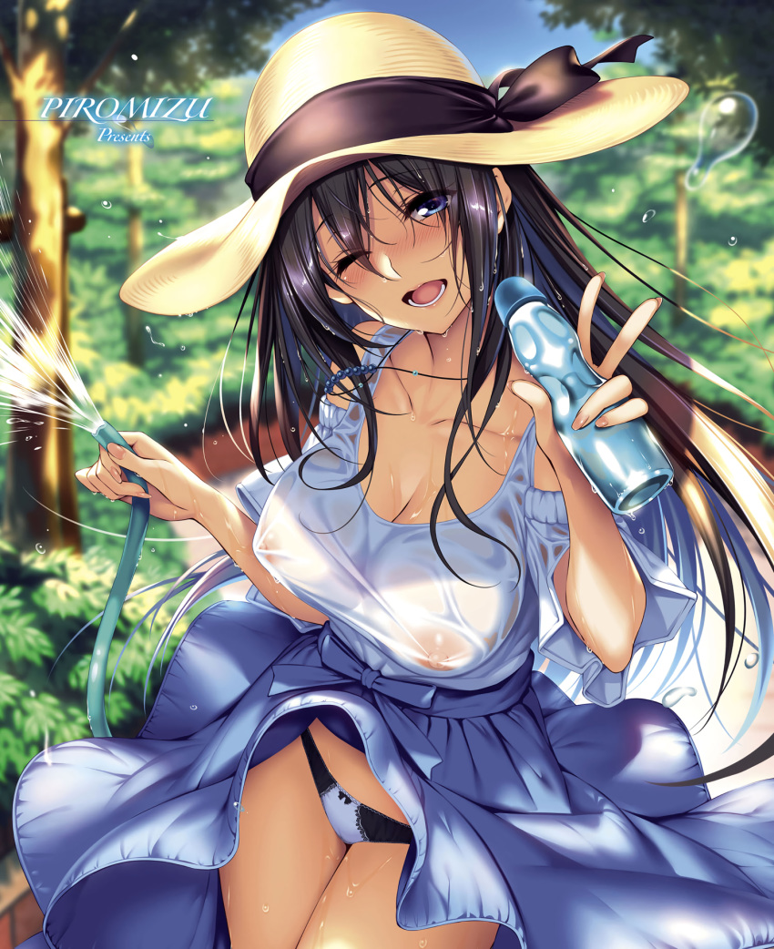 ;d artist_name black_hair blue_eyes blurry blush bow bow_panties breasts cleavage collarbone comic_exe cowboy_shot day depth_of_field eyebrows_visible_through_hair fingernails hair_between_eyes hat hat_ribbon highres hose jewelry large_breasts long_fingernails long_hair long_skirt looking_at_viewer lossy-lossless necklace nipples non-web_source one_eye_closed open_mouth outdoors panties piromizu ramune ribbon see-through shirt sidelocks skirt smile solo stitched sun_hat third-party_edit underwear w wet wet_clothes wet_hair wet_shirt wind wind_lift