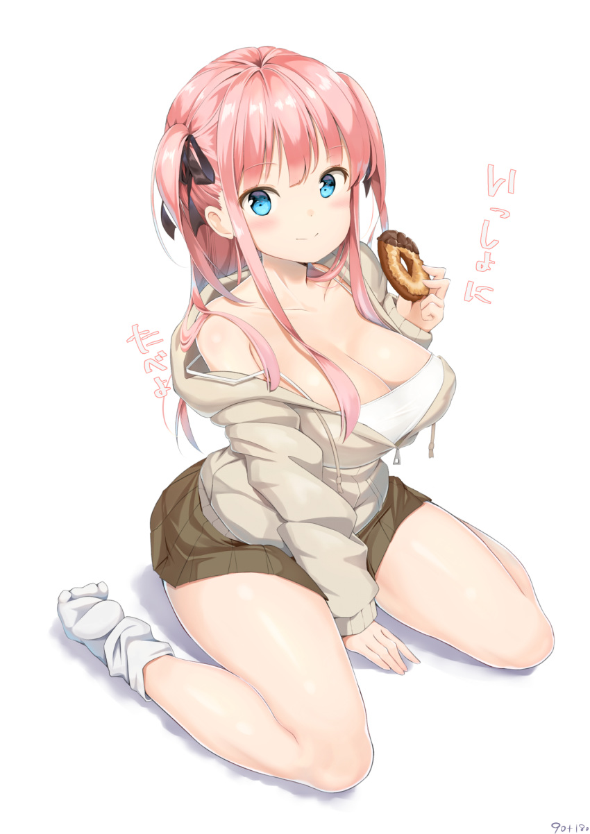 aymusk blue_eyes breasts character_request cleavage commentary_request copyright_request doughnut dress food highres large_breasts pink_hair simple_background socks thighs translation_request white_background