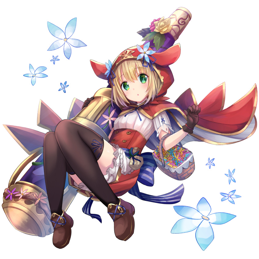 basket black_legwear blonde_hair brown_footwear brown_gloves cape eyebrows_visible_through_hair flower full_body gloves green_eyes grimms_notes highres little_red_riding_hood_(grimm) official_art pouch red_cape red_hood shoes simple_background solo thighhighs u_rin