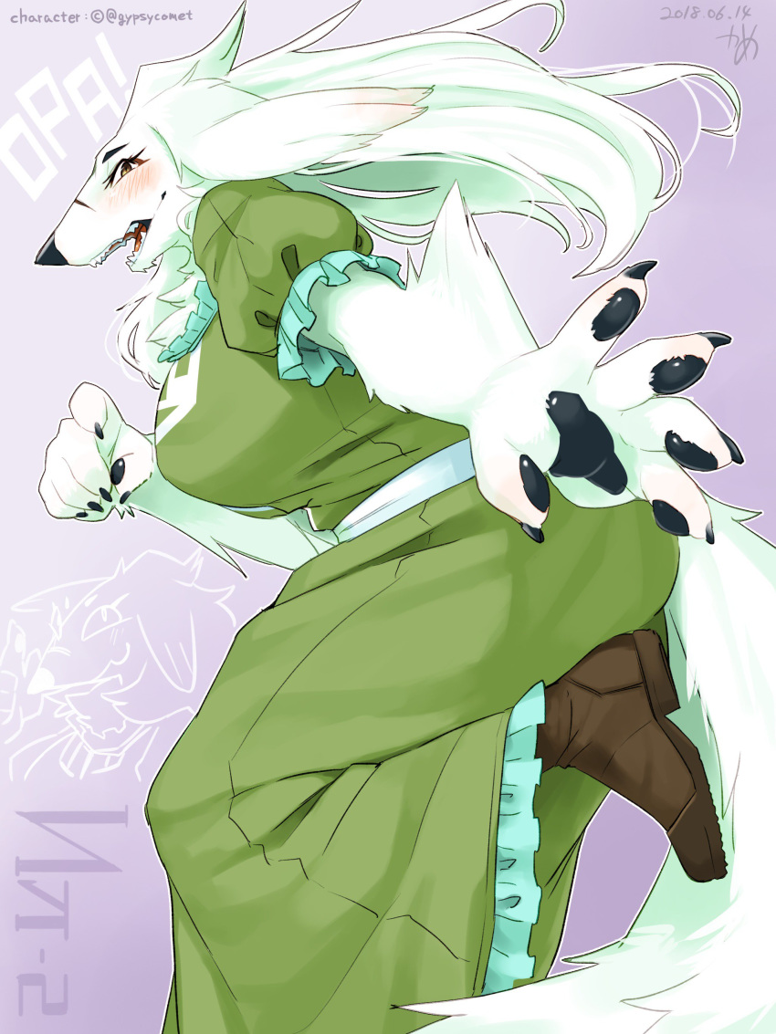 1girl boots borrowed_character dog furry jumping kame_(3t) original solo twitter_username white_hair
