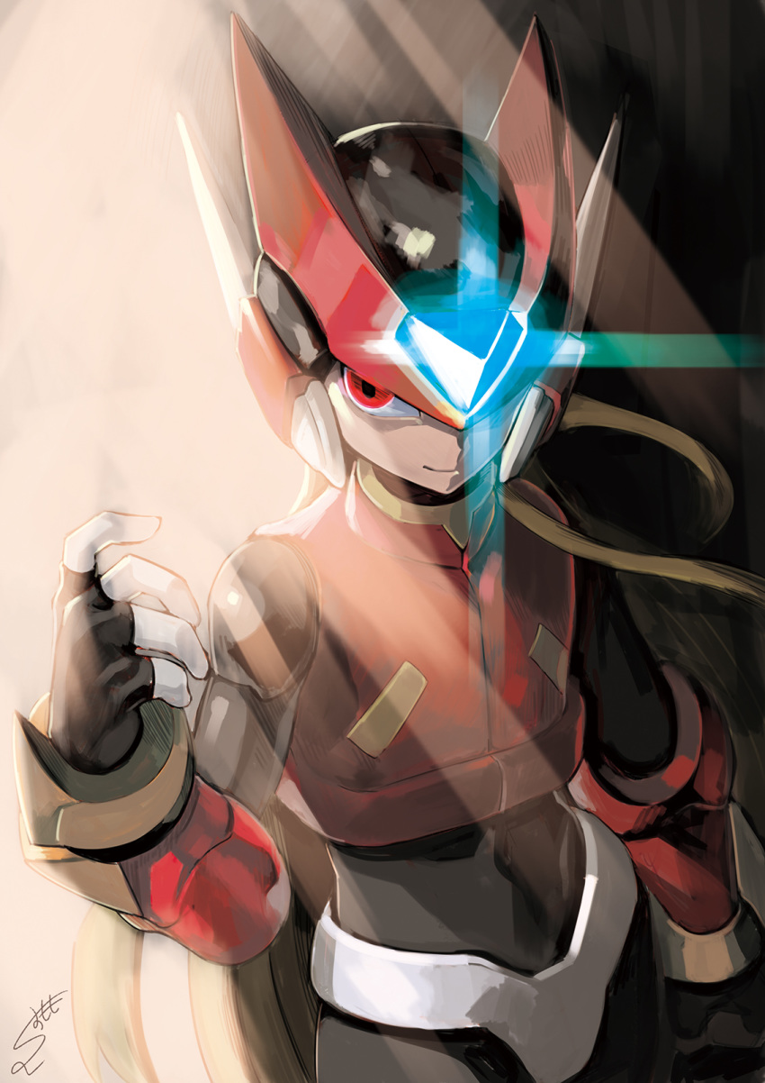 bodysuit cowboy_shot dated fingerless_gloves forehead_jewel gloves glowing helmet highres light_rays long_hair male_focus omega_(rockman) red_eyes rockman rockman_zero signature smile solo sumomo zero_(rockman)