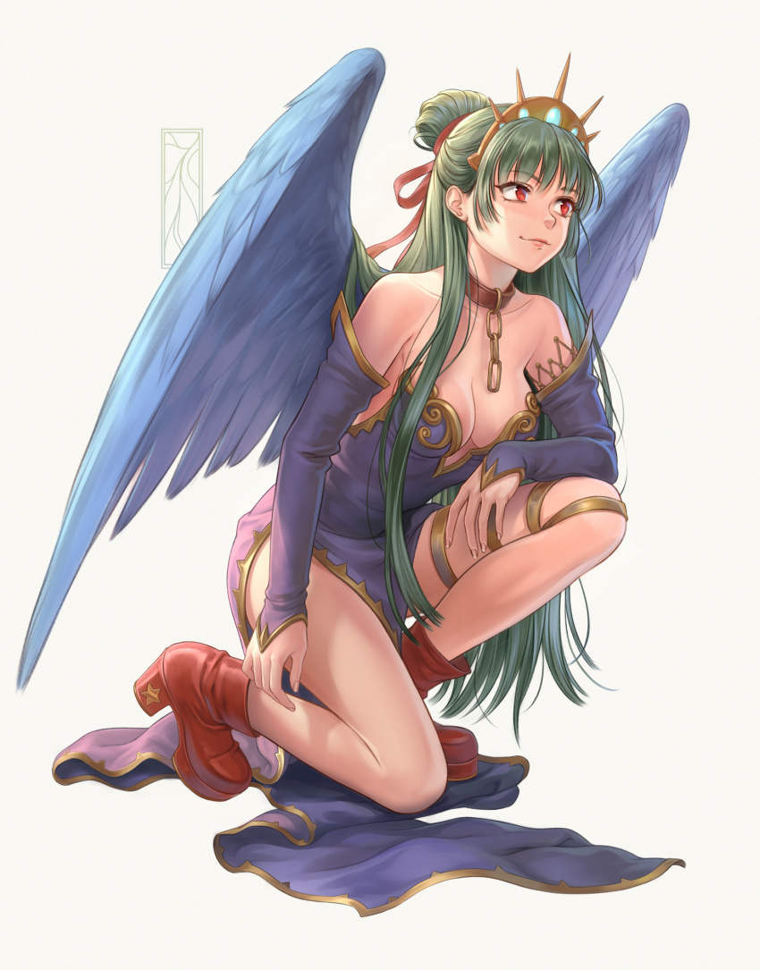 arm_on_knee bangs bare_shoulders blue_dress blue_wings breasts chain cleavage collar crown detached_sleeves dress feathered_wings from_side full_body green_hair grey_background hair_bun hair_ribbon headpiece highres kneeling kotikomori long_hair long_sleeves looking_away medium_breasts original pelvic_curtain red_eyes red_footwear red_ribbon ribbon simple_background solo thigh_strap very_long_hair wings