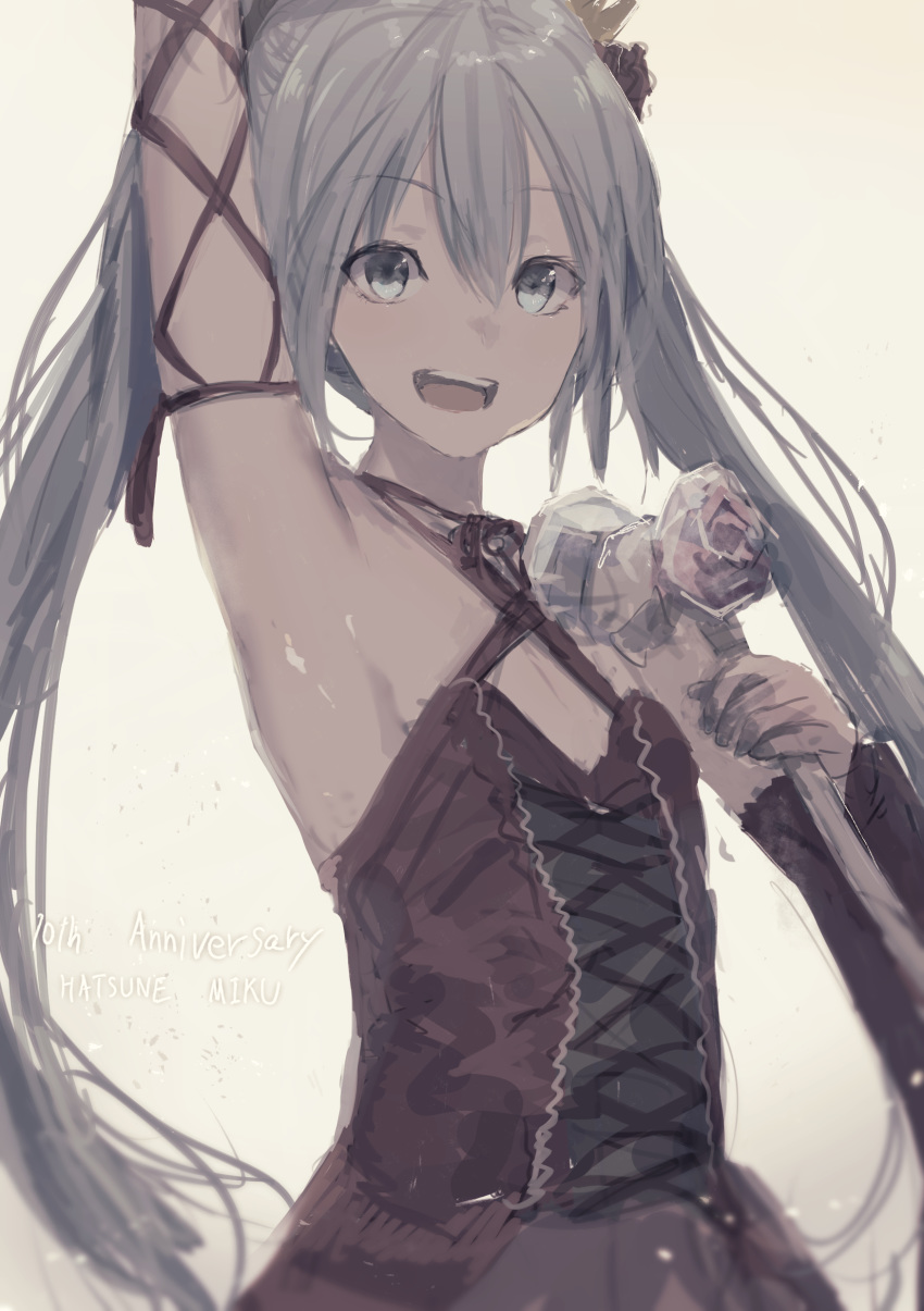 :d absurdres anniversary arm_ribbon arm_up armpits bangs bare_shoulders blue_eyes blue_hair character_name criss-cross_halter cross-laced_clothes crown detached_sleeves eyebrows_visible_through_hair flat_chest hair_between_eyes halterneck hatsune_miku highres kumamoto_nomii-kun long_hair looking_at_viewer microphone_stand mini_crown muted_color open_mouth project_diva_(series) ribbon romeo_to_cinderella_(vocaloid) simple_background single_detached_sleeve smile solo teeth twintails very_long_hair vintage_dress_(module) vocaloid white_background