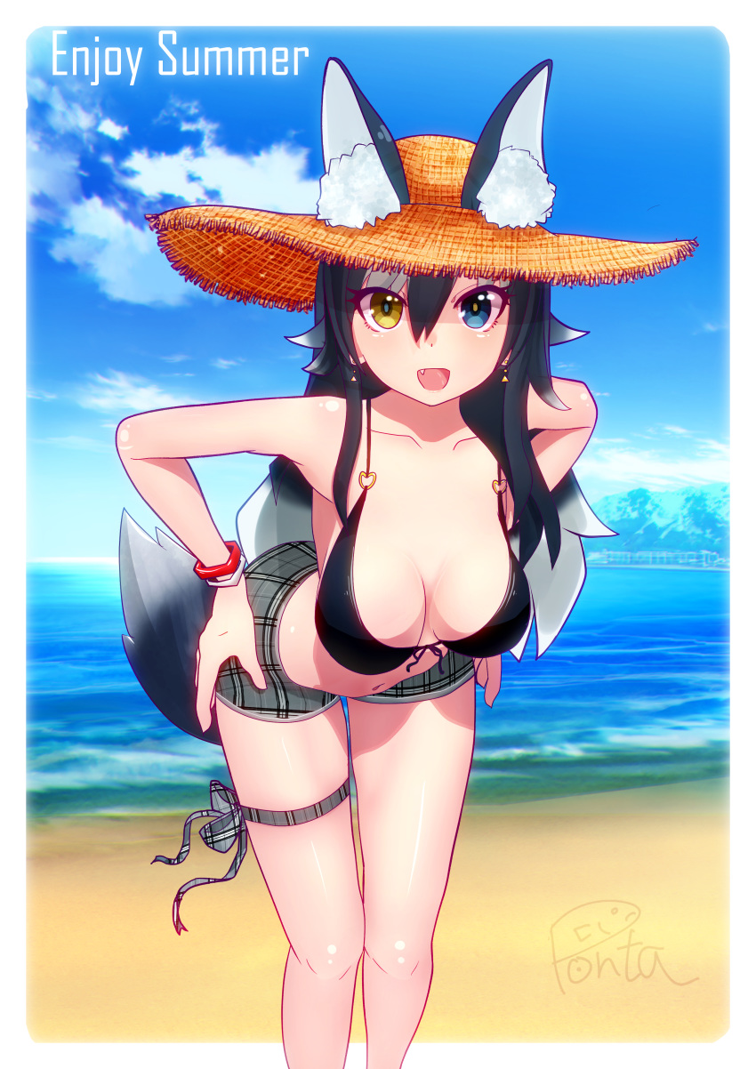 absurdres alternate_costume animal_ears bare_shoulders beach bent_over bikini_top black_hair blue_eyes bracelet breasts collarbone commentary_request day earrings fang grey_hair grey_wolf_(kemono_friends) hands_on_hips hat heterochromia highres jewelry kemono_friends large_breasts legband long_hair looking_at_viewer multicolored_hair ocean ponta_(matsuokazieg) sand short_shorts shorts signature sky straw_hat sun_hat swimsuit tail white_hair wolf_ears wolf_tail yellow_eyes