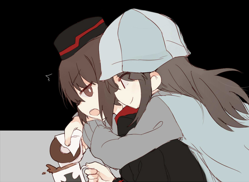 2girls bangs black_hat black_jacket blue_hat blue_jacket closed_mouth coffee coffee_mug cup doughnut food from_side frown fud garrison_cap girls_und_panzer hat holding holding_cup holding_food hug hug_from_behind jacket keizoku_military_uniform kuromorimine_military_uniform long_hair long_sleeves looking_at_another looking_back mika_(girls_und_panzer) military military_hat military_uniform mug multiple_girls napkin nishizumi_maho open_mouth raglan_sleeves red_shirt shirt short_hair smile spilling track_jacket two-tone_background uniform yuri