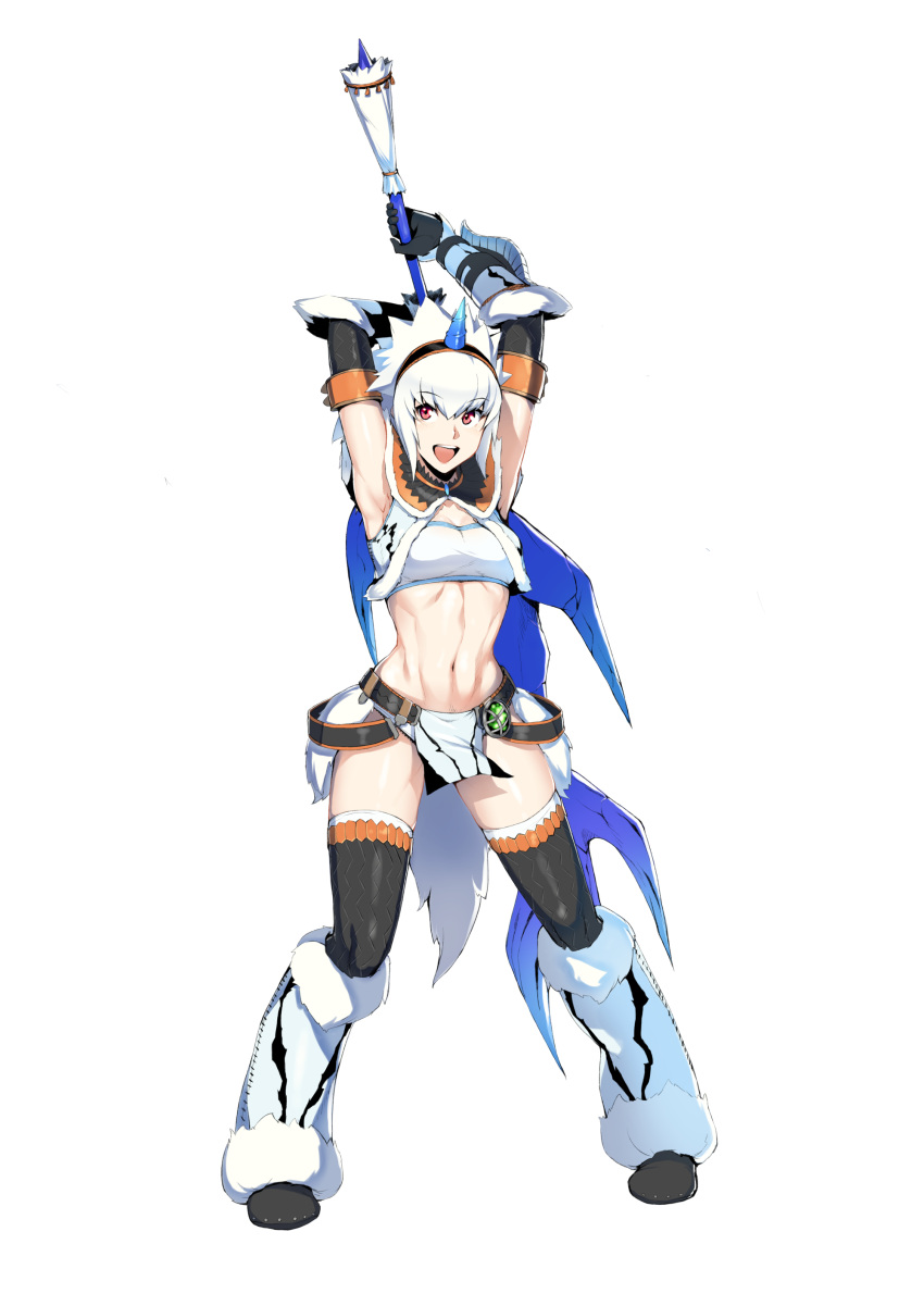 absurdres armpits arms_up bangs belt black_legwear boots breasts commentary_request elbow_gloves eyebrows_visible_through_hair full_body fur_trim gloves hair_ornament hairband highres holding holding_sword holding_weapon horn_ornament huge_weapon kirin_(armor) medium_breasts medium_hair midriff monster_hunter monster_hunter:_world navel open_mouth pelvic_curtain purinnssu red_eyes simple_background sleeveless smile solo standing strapless sword thighhighs tubetop weapon white_background white_hair