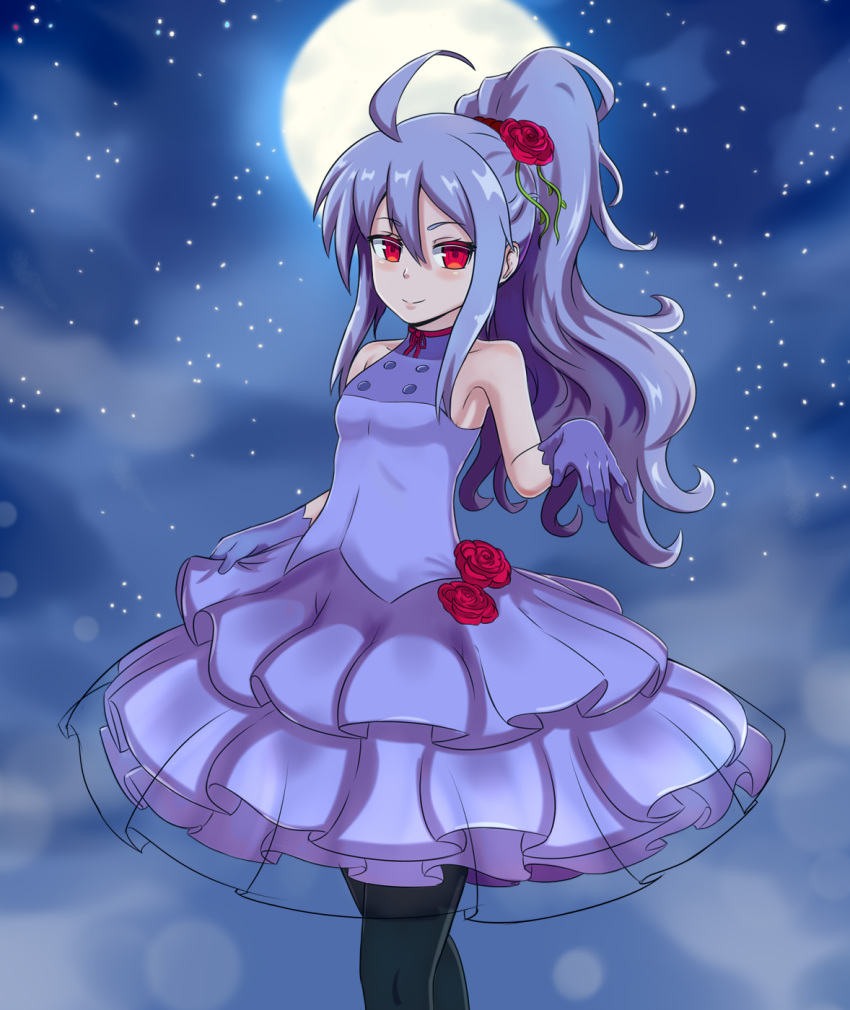 ahoge bare_shoulders black_legwear blue_dress blue_gloves blue_hair breasts commentary dress english_commentary eyebrows_visible_through_hair flower full_moon gloves hair_between_eyes hair_flower hair_ornament highres long_hair looking_at_viewer md5_mismatch moon nav night ponytail red_eyes small_breasts smile solo suguri suguri_(character)