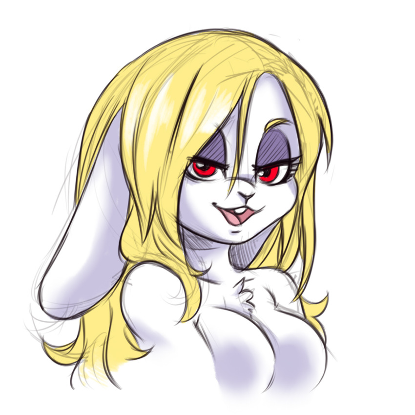 2018 anthro bedroom_eyes breasts broodals buckteeth chest_tuft featureless_breasts female half-closed_eyes harriet_(mario) lagomorph looking_at_viewer mammal nintendo nude open_mouth open_smile plagueofgripes rabbit red_eyes seductive short_stack simple_background smile solo super_mario_odyssey teeth tuft video_games white_background