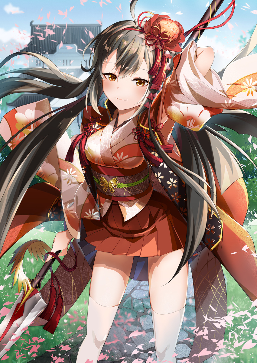 blue_sky breasts brown_eyes brown_hair butterfly_ornament day floral_print flower grass hair_flower hair_ornament hairband highres holding holding_spear holding_weapon long_hair looking_at_viewer masoo medium_breasts original outdoors petals polearm red_hairband red_skirt skirt sky smile spear standing stone_walkway tassel thighhighs very_long_hair weapon white_legwear