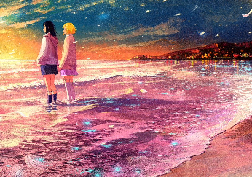 back beach black_eyes black_hair black_skirt blonde_hair city_lights cloud commentary_request gemi holding_hands hood hood_down hooded_jacket jacket kneehighs long_hair long_sleeves miniskirt mountain multiple_girls ocean original outdoors petals pink_skirt pleated_skirt profile reflection sand shadow short_hair skirt sky standing thighhighs twilight wading white_legwear