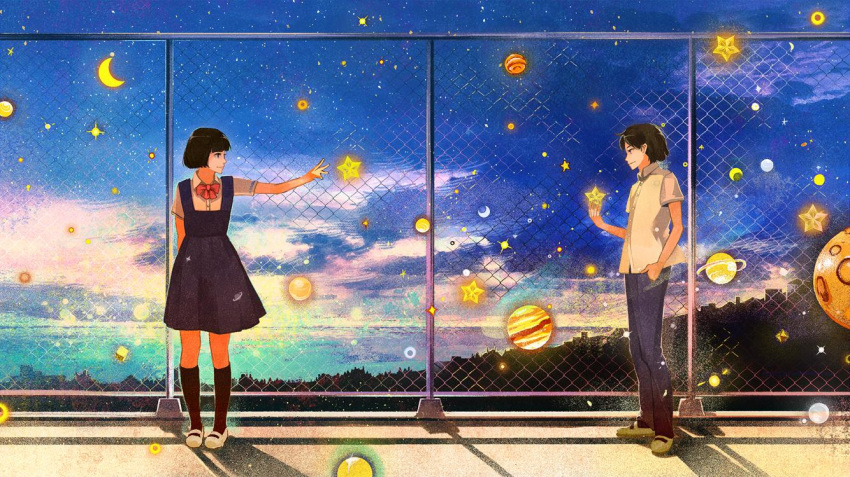 1girl black_dress black_hair black_legwear bow bowtie collared_shirt commentary_request crescent_moon dress eye_contact fence gemi holding looking_at_another moon original outdoors pants pinafore_dress pleated_dress red_neckwear shirt shoes short_hair short_sleeves sky smile socks standing star star_(sky) starry_sky white_footwear white_shirt wing_collar