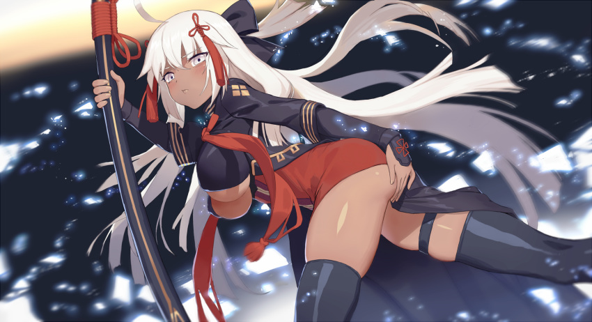 ahoge ass black_legwear blush bow breasts chinese_commentary cleavage commentary_request covering covering_ass dark_skin dress dutch_angle fate/grand_order fate_(series) from_side hair_bow hair_ornament highres large_breasts long_hair long_sleeves looking_at_viewer okita_souji_(alter)_(fate) okita_souji_(fate)_(all) ootachi short_dress silver_eyes solo sparrow_(xici9527) tassel thigh_strap thighhighs underboob very_long_hair white_hair